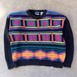 Vintage 90s Colorful Knit Patterned Crew Neck Sweater